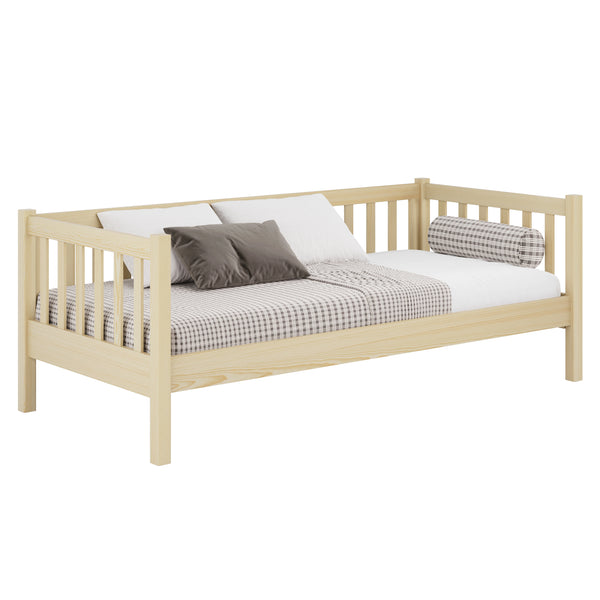 Drewniane łóżko sofa N03 sosna bezbarwna – widok ogólny, lite drewno sosnowe