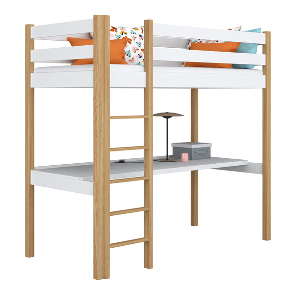 White and Oak Wooden Loft Bed with Desk – Children’s Room, Scandi Nizio