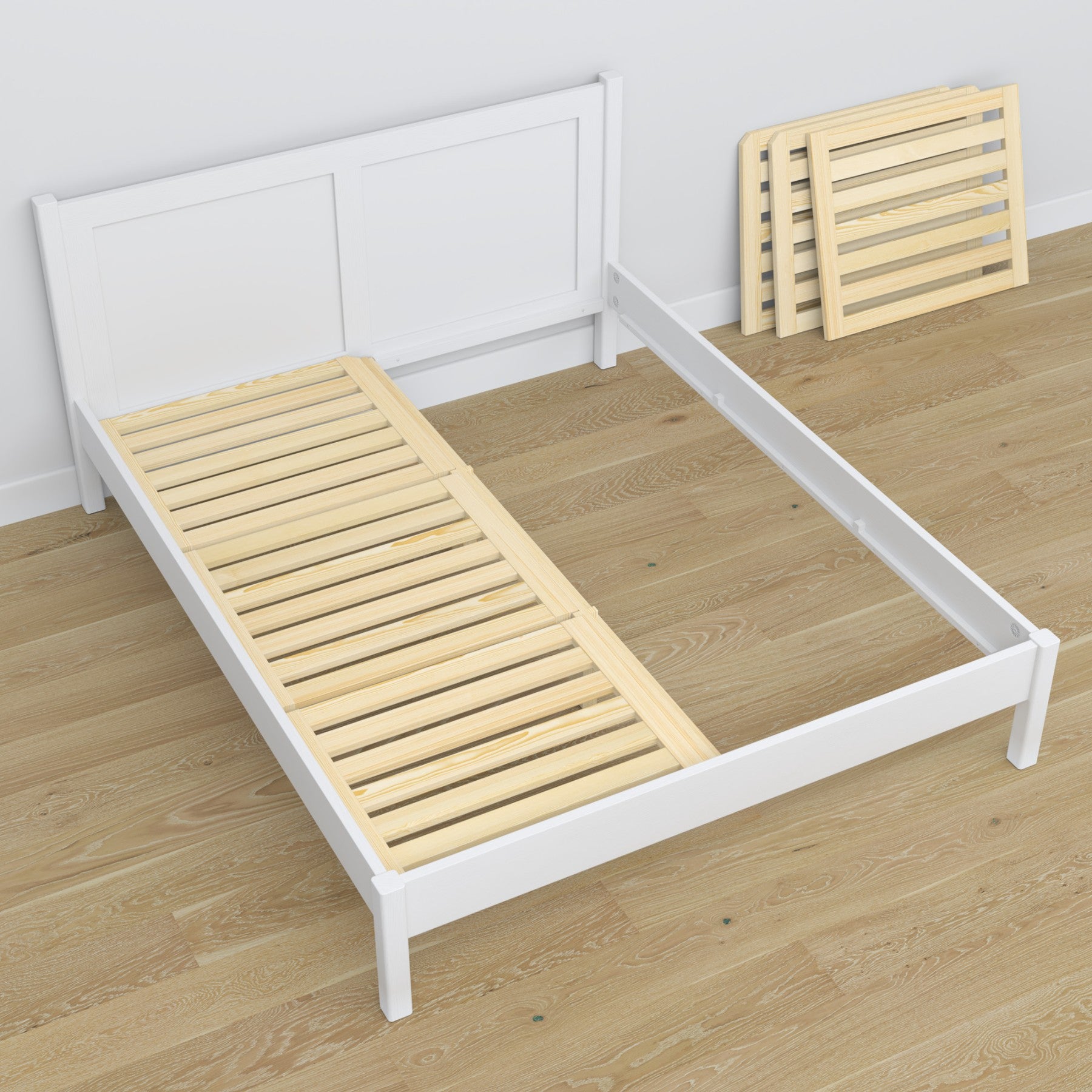 Doppelbett Weiß aus Holz – Schrägansicht, scandi