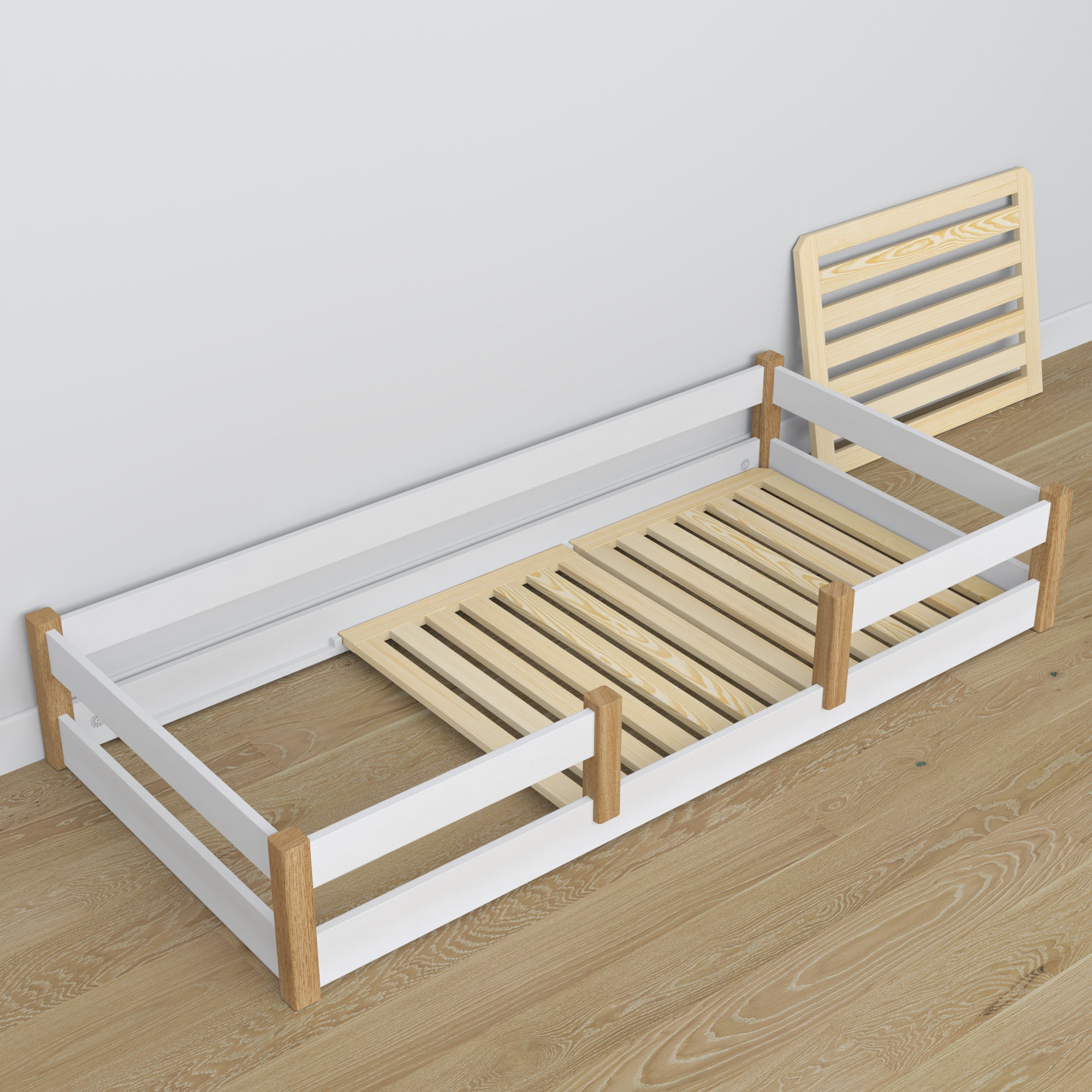Holzbett niedrig N01 weiß / Eiche