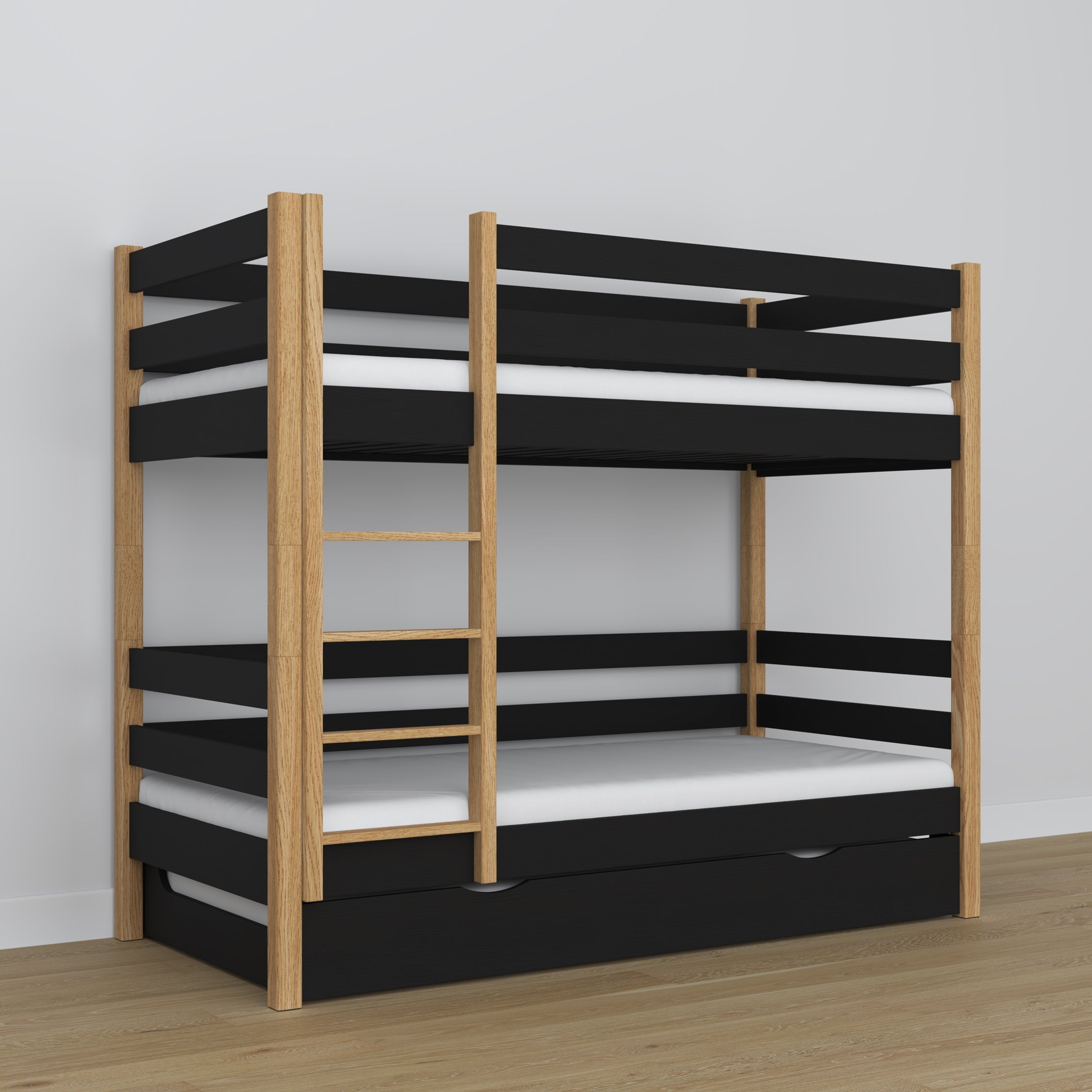 Etagenbett schwarz-eiche – Holzrahmen mit Latten, Matratzen-Schublade
