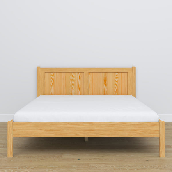 Wooden double bed natural pine – side view, proportions and shape, bedroom