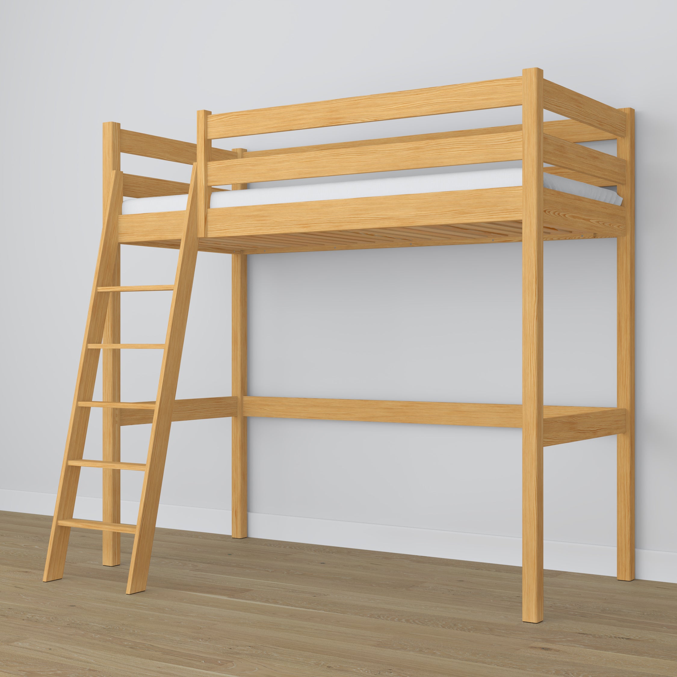 Hochbett aus Holz Kiefer natur – Lattenrost-Rahmen, Seitenansicht