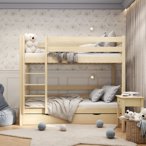 Hochbett mit Schublade aus Holz Kiefer farblos – Kinderzimmer, Massivholz, scandi