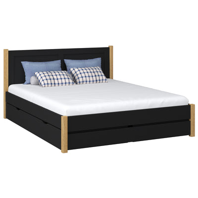 Drewniane łóżko podwójne z szufladą N02 czarny / dąb naturalny – widok ogólny, lite drewno