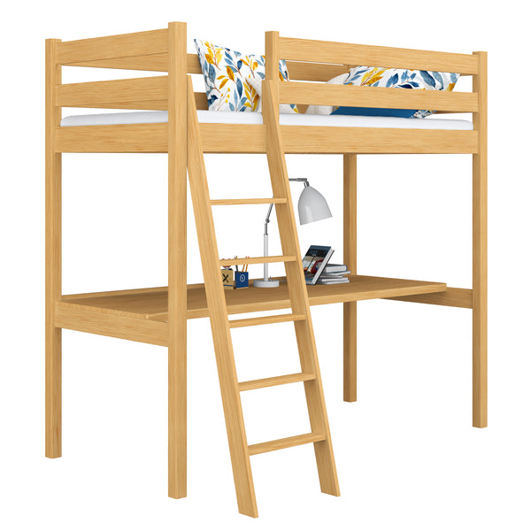 Hochbett Kiefer natur mit Schreibtisch – Lernen unter dem Schlafbereich, Holz