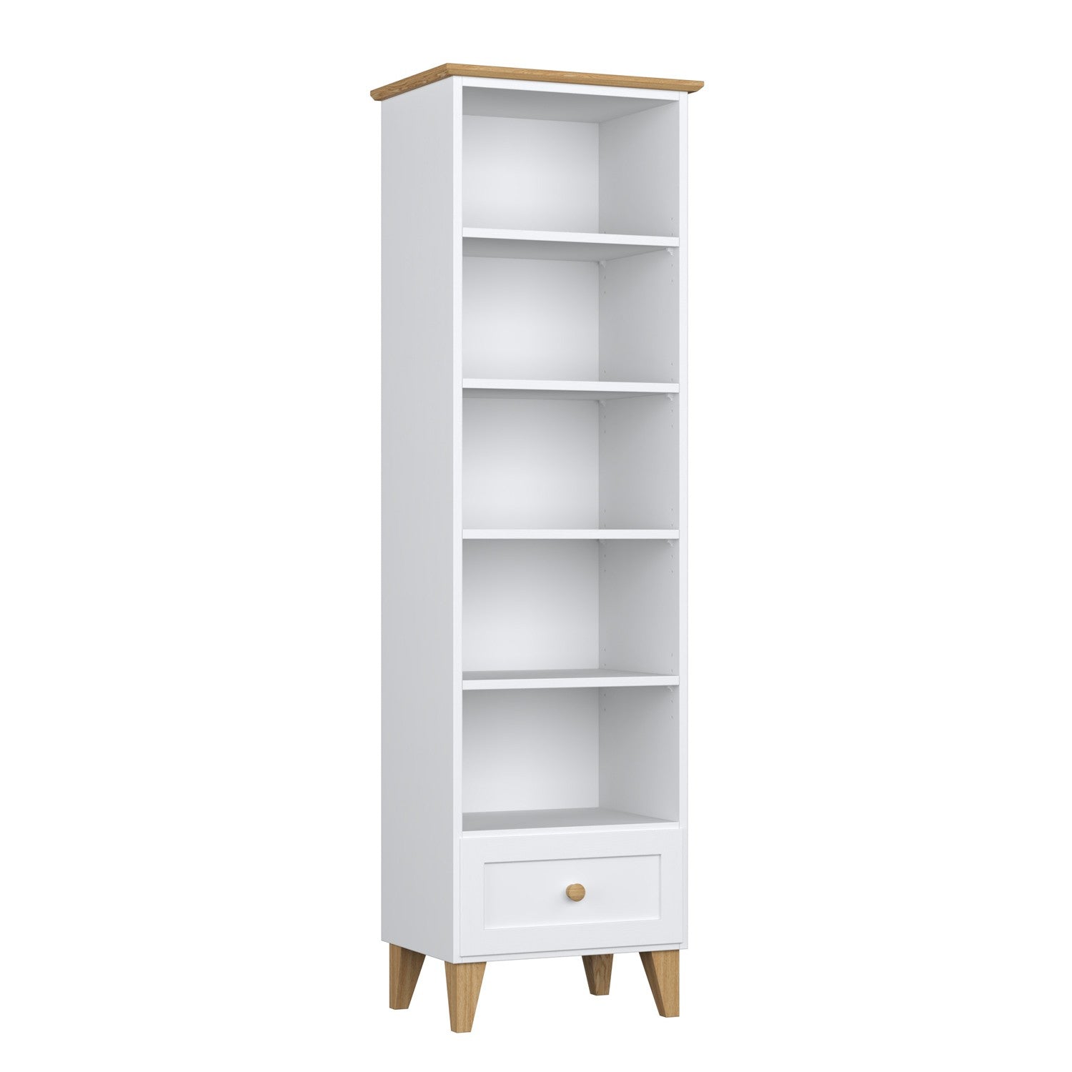 Regal 1S Holz Weiß mit Eiche im Wohnzimmer – skandinavische Einrichtung, Nizio