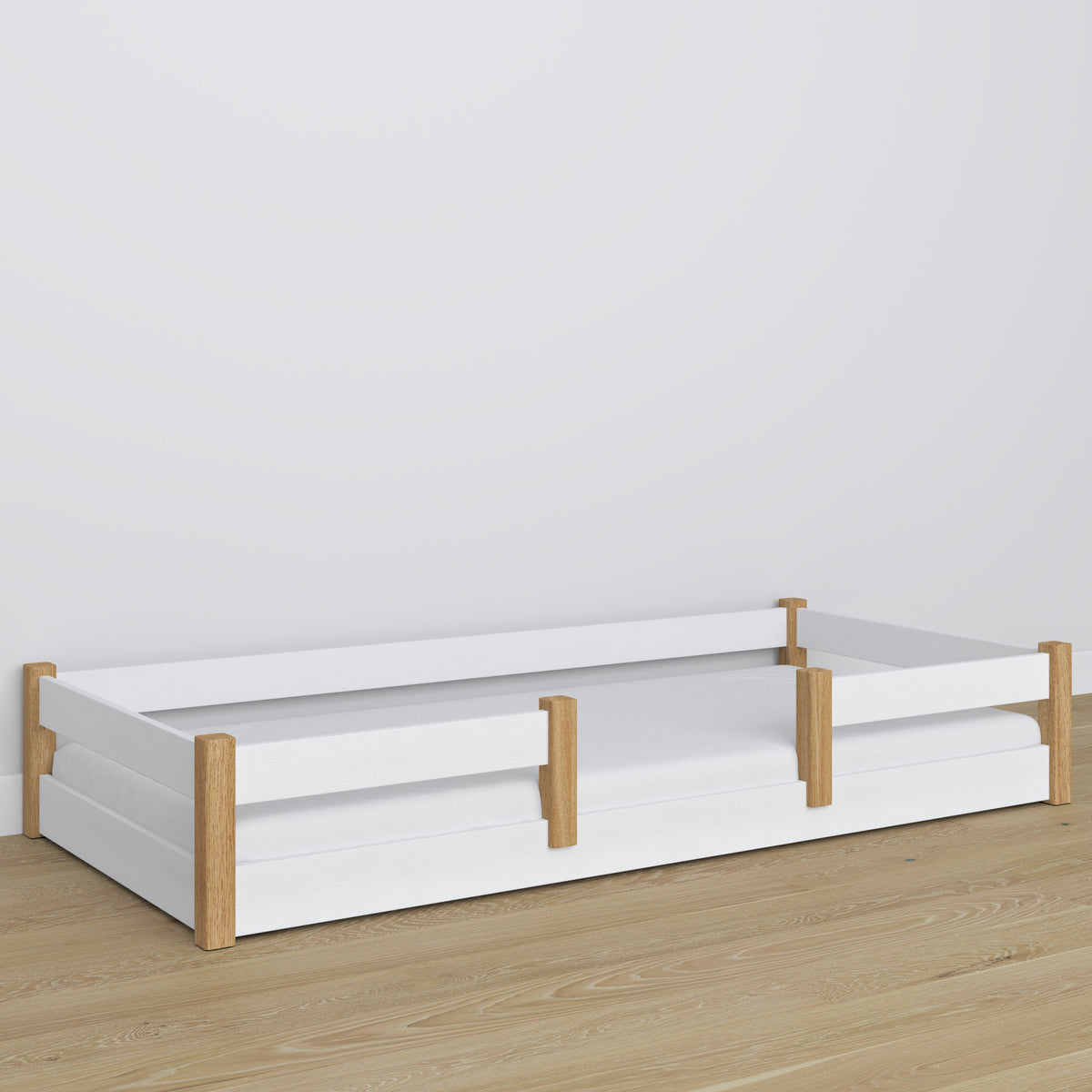 Holzbett niedrig N01 weiß / Eiche
