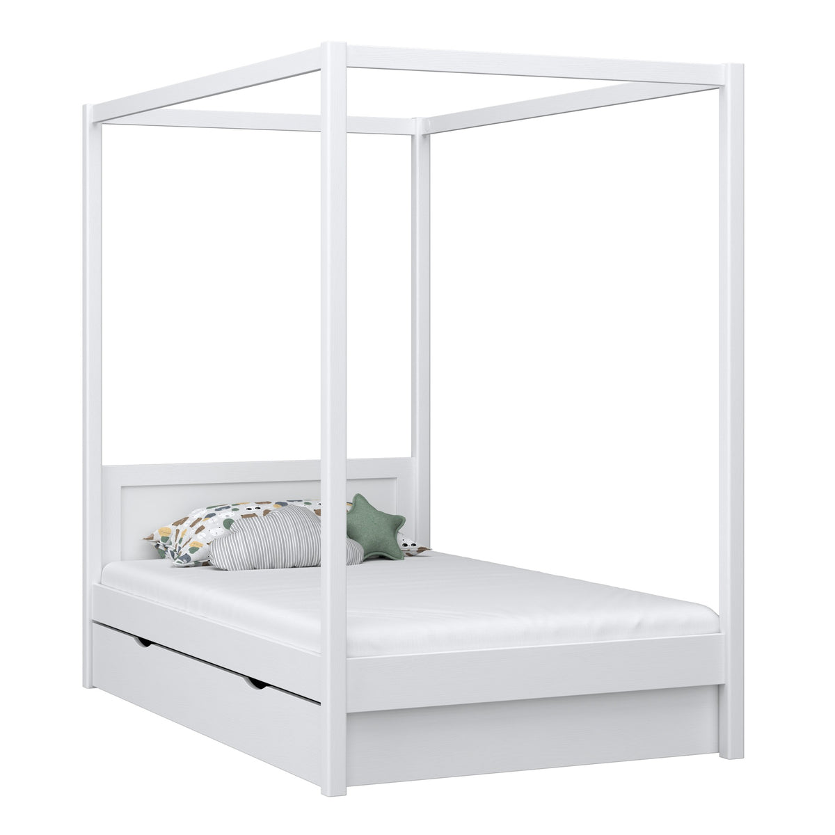 Einzelbett mit Baldachin und Schublade N02 aus Holz in Wunschfarbe RAL/NCS – Massivholz, Nizio