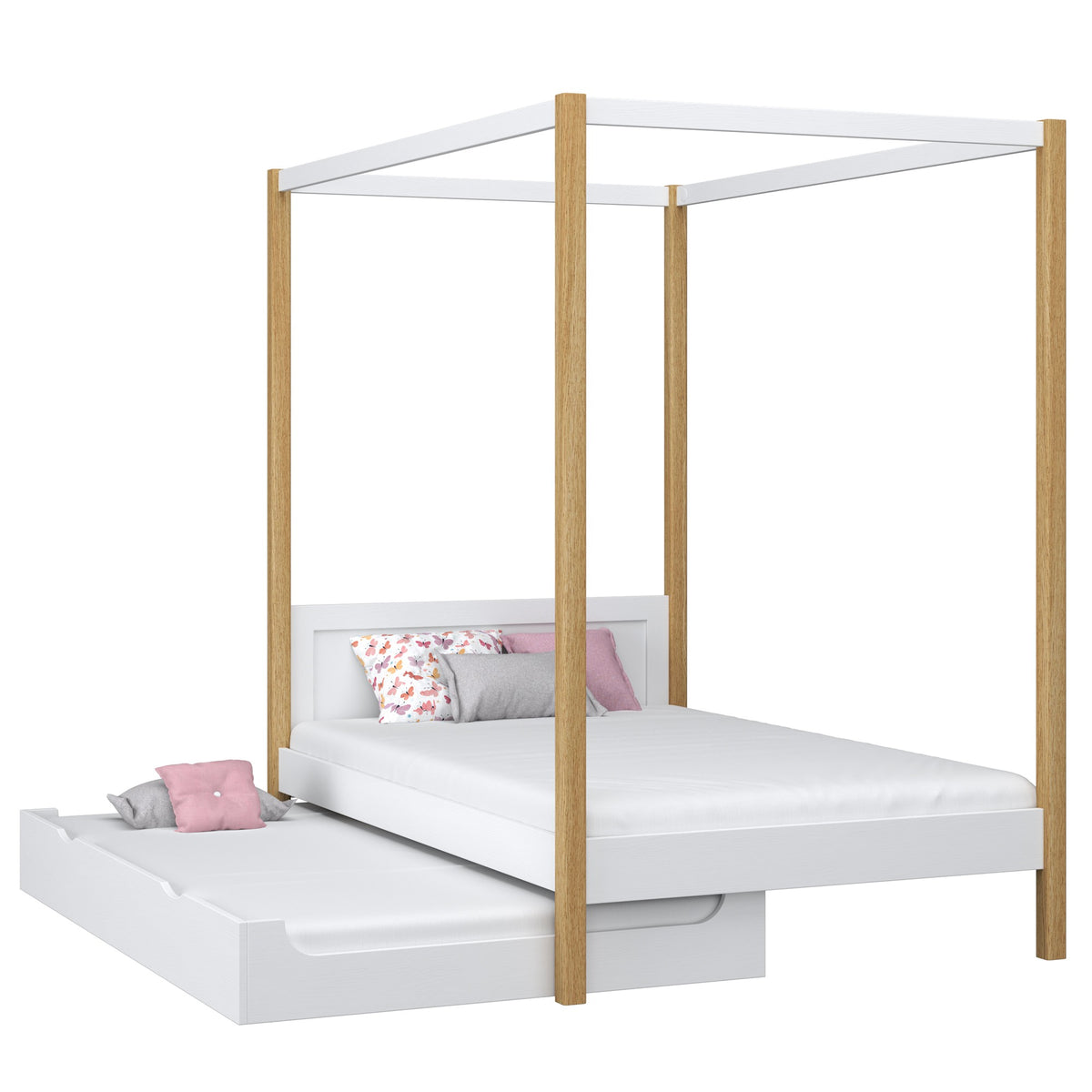Holz-Einzelbett mit Baldachin und Schublade für zusätzliche Matratze N – Nizio Home