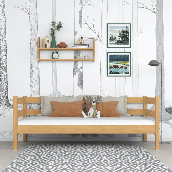 Łóżko sofa N01 sosna naturalna – widok z boku, solidna konstrukcja drewniana