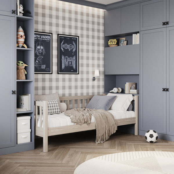Dębowe łóżko sofa N03 dąb bielony – widok ogólny, lite drewno dębowe