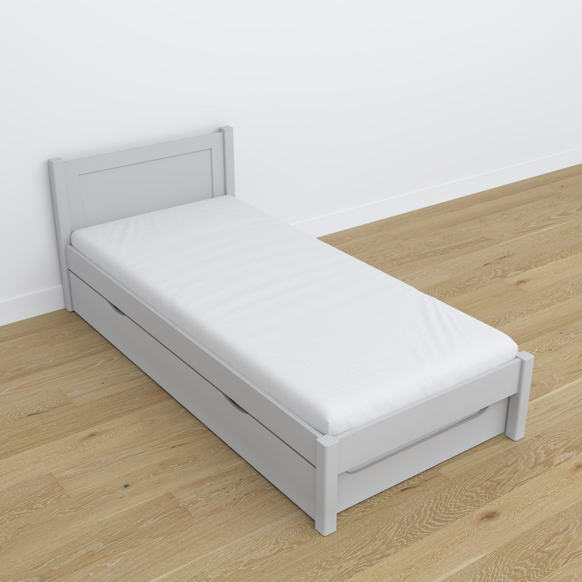 Bett mit Schublade für Matratze Aschgrau aus Holz – Maße, Nizio