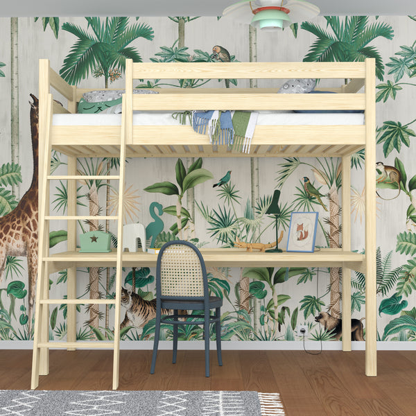 Hochbett mit Schreibtisch aus Holz Kiefer farblos – Kinderzimmer, scandi Nizio