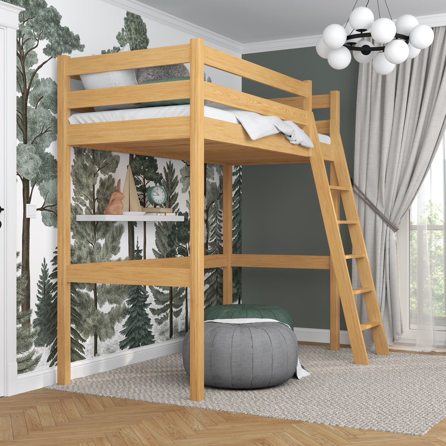 Hochbett aus Holz Kiefer natur – freier Raum unter dem Schlafbereich, Nizio