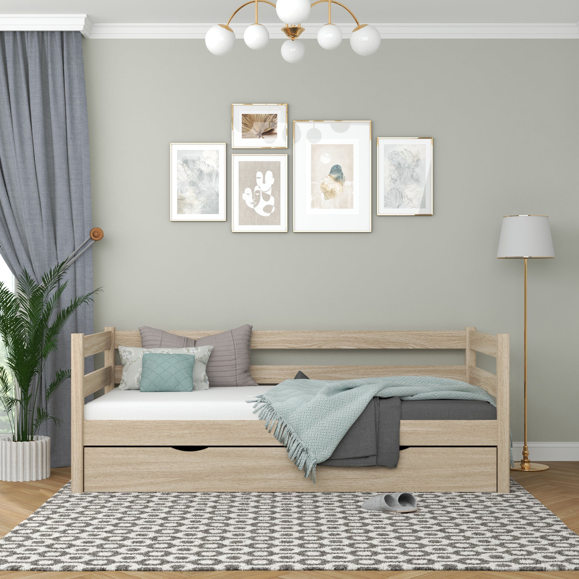 Łóżko sofa z szufladą N01 dąb bielony – widok z innej perspektywy, solidne drewno