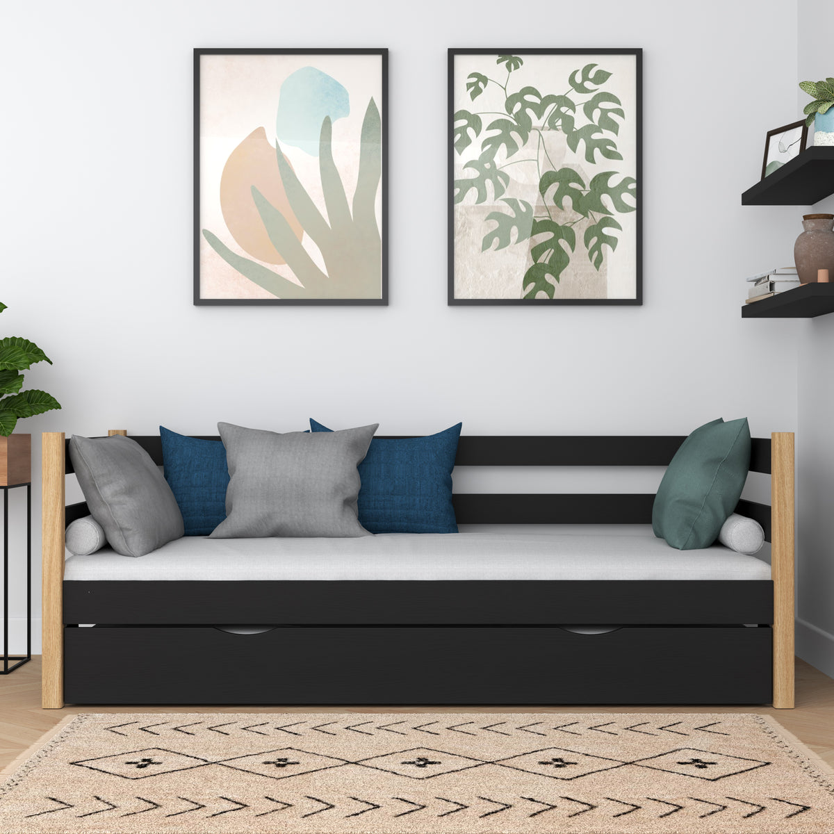Łóżko sofa z szufladą na materac N01 czarno dębowy – dodatkowy widok, lite drewno