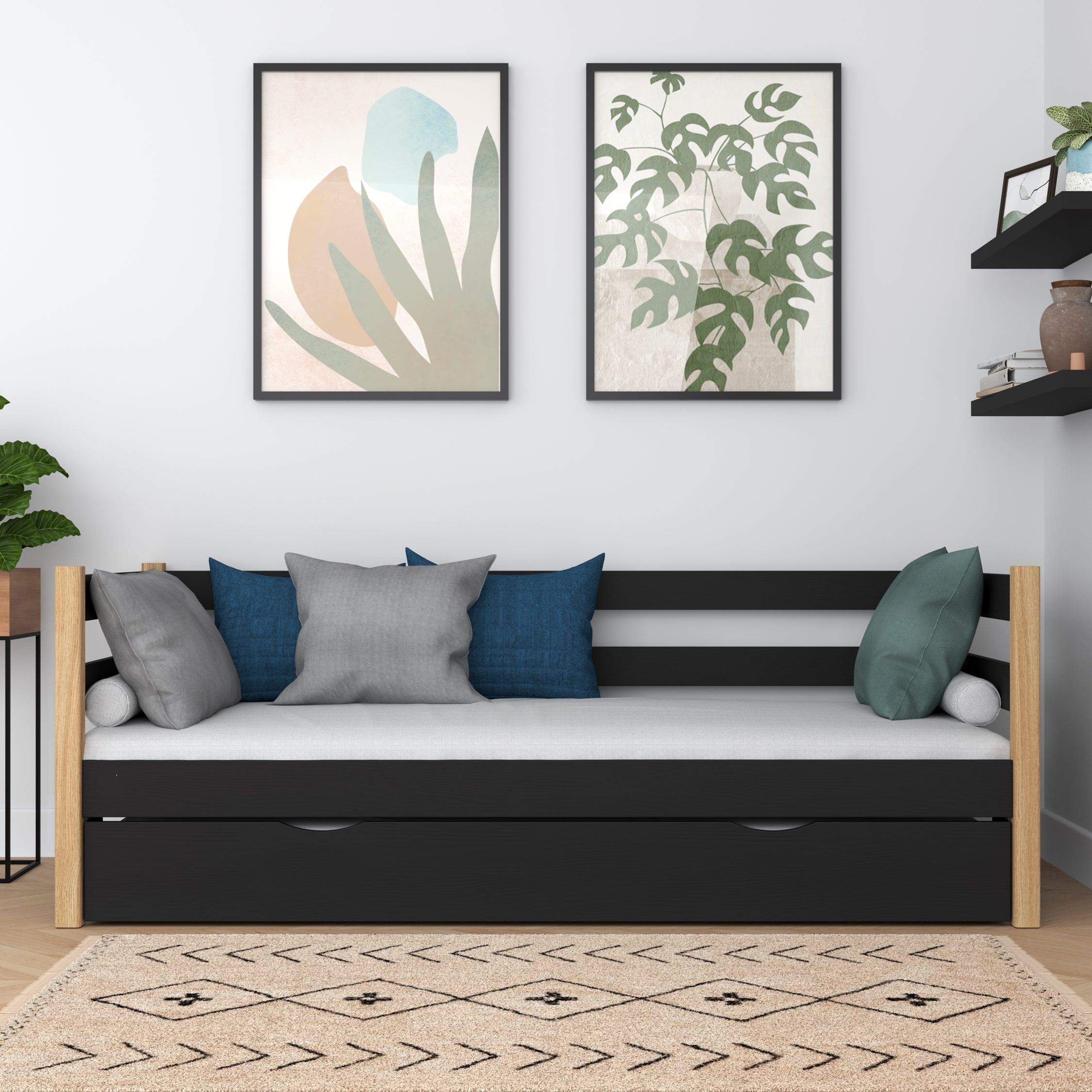 Łóżko sofa z szufladą na materac N01 czarno dębowy – dodatkowy widok, lite drewno