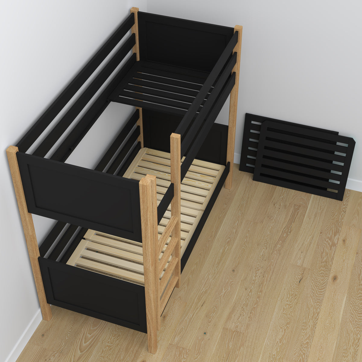 Łóżko piętrowe z szufladą czarno-dębowy z drewna – skandynawski design, Nizio