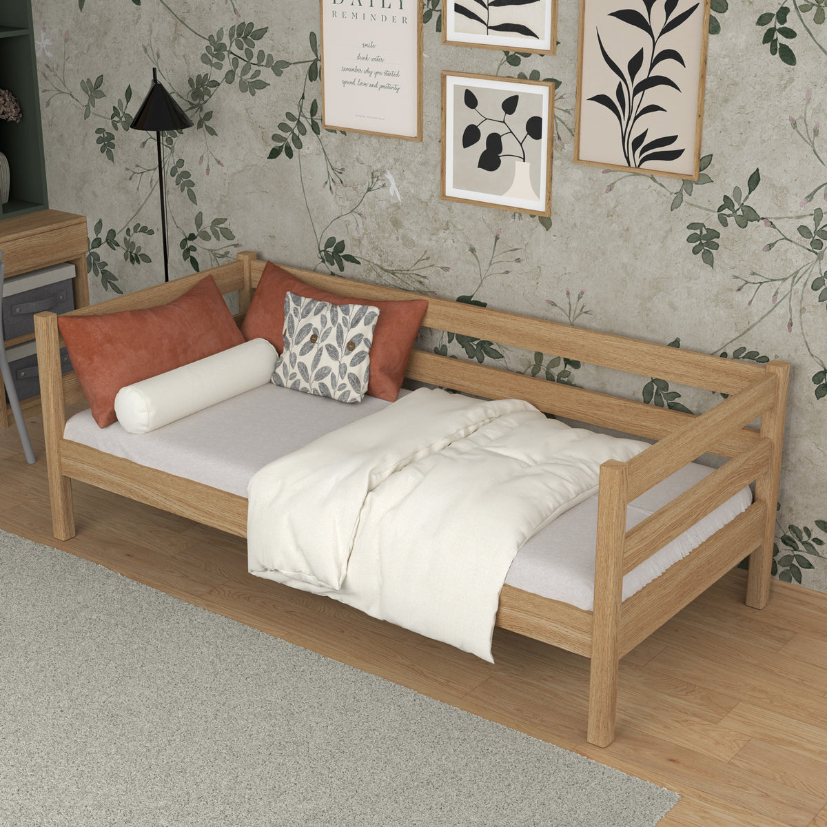 Łóżko sofa N01 dąb naturalny – widok z boku, solidna konstrukcja drewniana