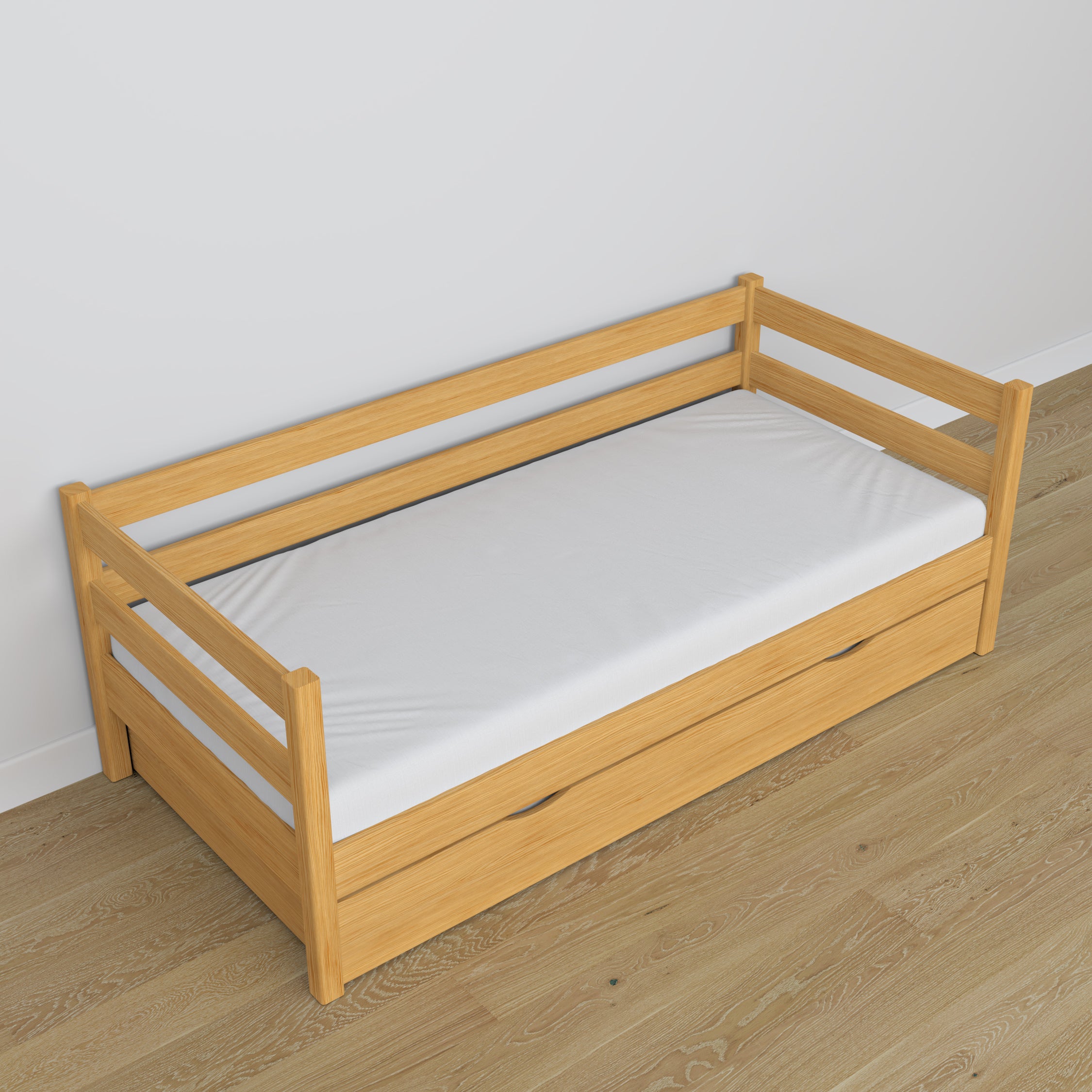 Łóżko sofa z szufladą na materac N01 sosna naturalna – widok z innej perspektywy, solidne drewno