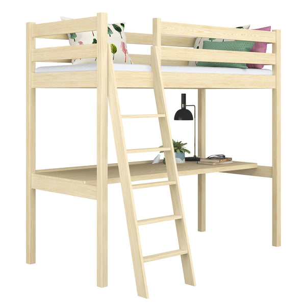 Hochbett Kiefer farblos mit Schreibtisch – Lernen unter dem Schlafbereich, Holz