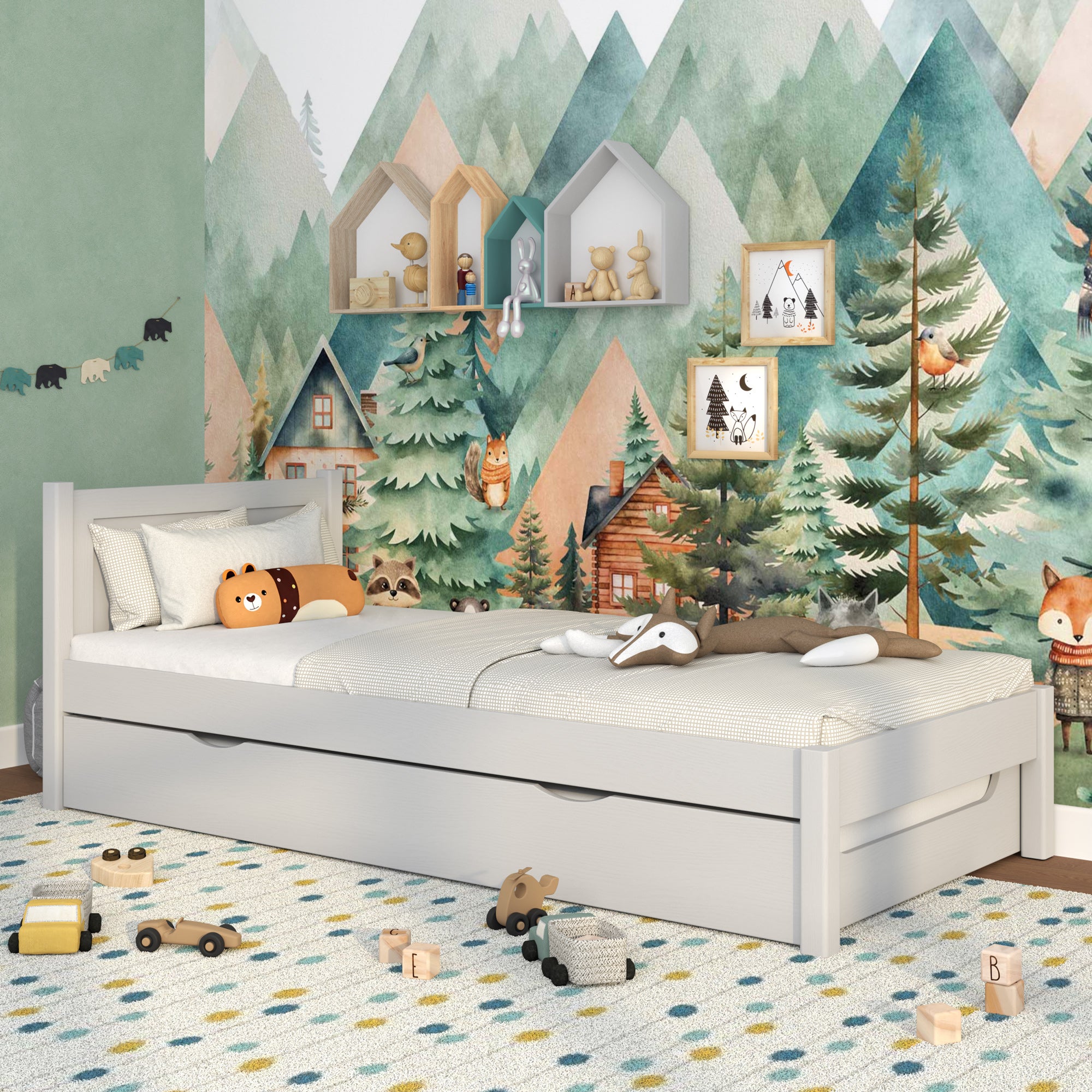 Bett aschgrau mit Schublade für zusätzliche Matratze – Holz, für Kinder Nizio