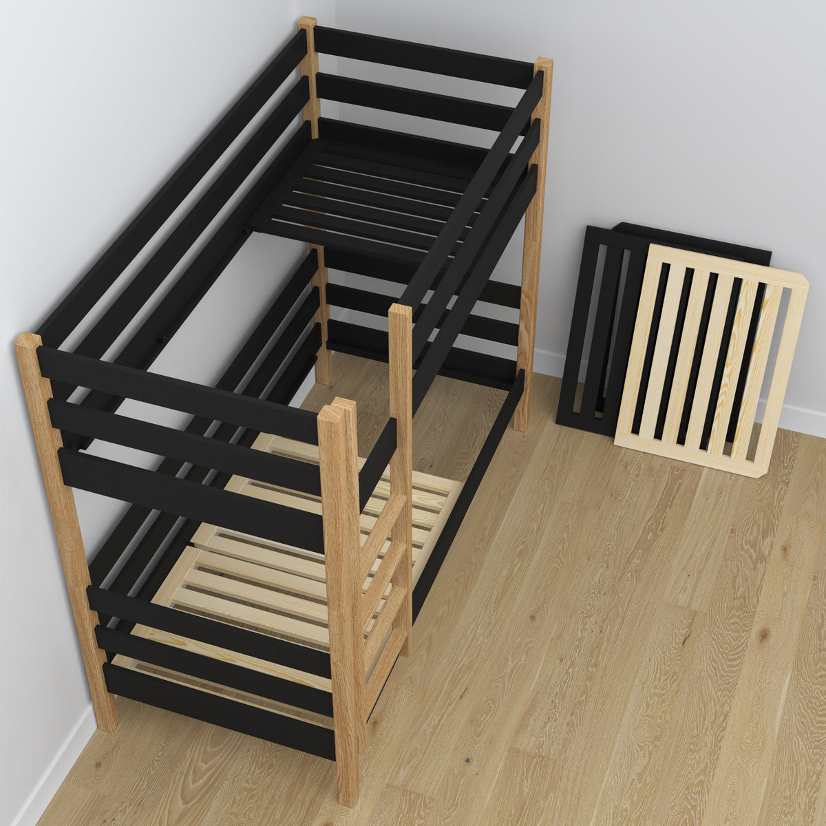Hochbett mit Schublade für Matratze Schwarz-Eiche aus Holz – Massivholz, scandi Stil