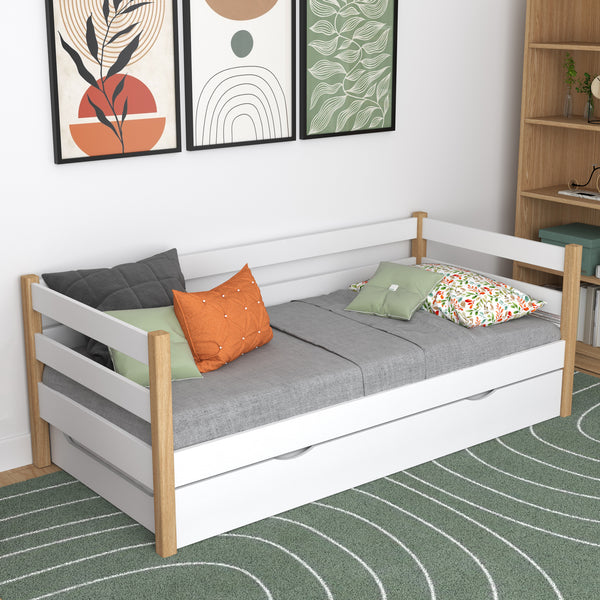 Holz-Schlafsofa mit Matratzenschublade N01 weiß / Eiche
