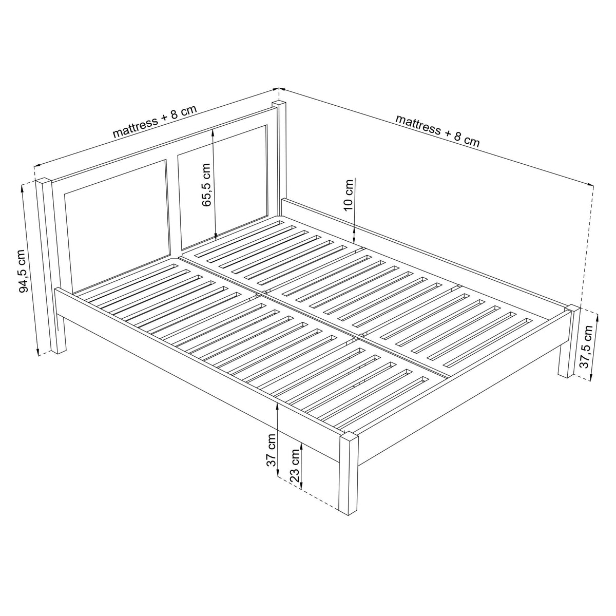Łóżko podwójne N02 dąb naturalny – widok z boku, przestrzeń sypialni