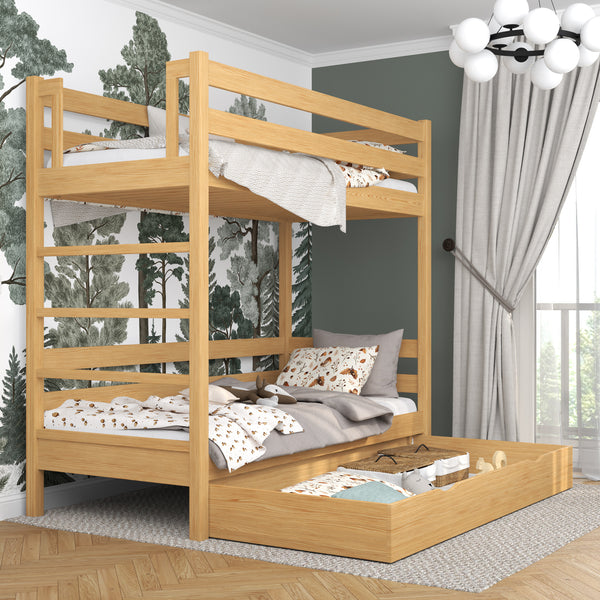 Natural Pine Bunk Bed with Drawer – Wooden Safety Rail and Ladder, Nizio