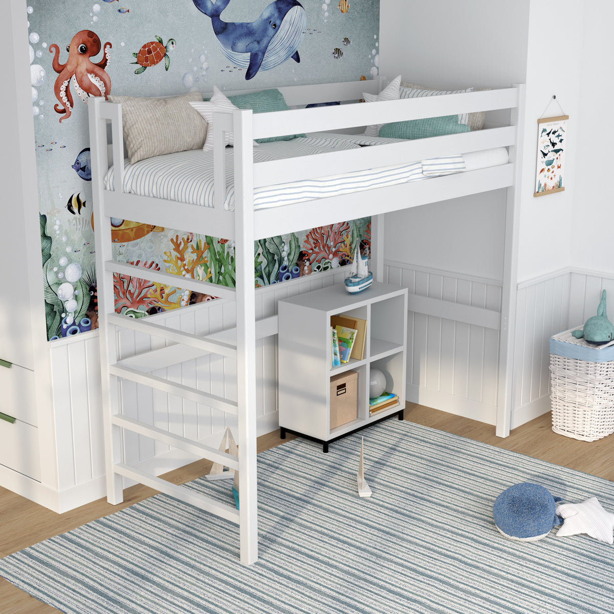 Loft bed N01 white – side view, ladder and space underneath