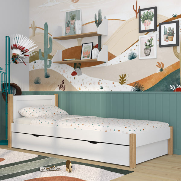 Einzelbett mit Schublade aus Holz Weiß-Eiche – Kinderzimmer, Scandi-Stil
