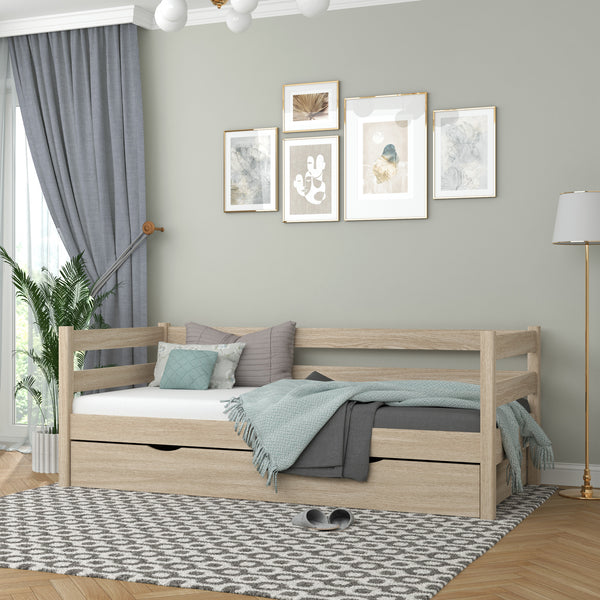 Dębowe łóżko sofa z szufladą N01 dąb bielony – widok ogólny, lite drewno dębowe