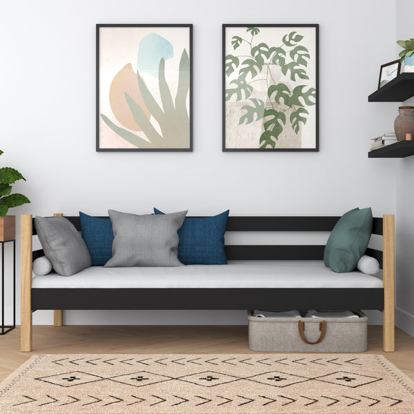 Drewniane łóżko sofa N01 czarno dębowy – widok ogólny, lite drewno