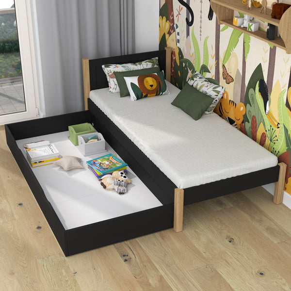 Bett schwarz-eiche mit Schublade – geräumiges Staufach, aus Holz, für Kinder Nizio