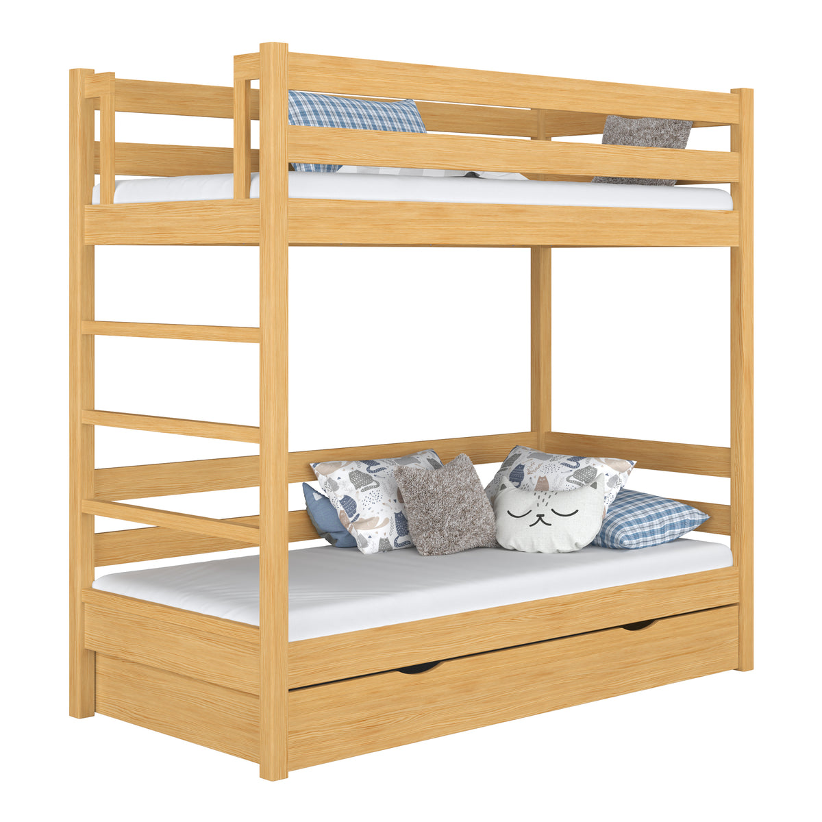 Drewniane łóżko piętrowe z szufladą N03 sosna naturalna – widok ogólny, lite drewno sosnowe