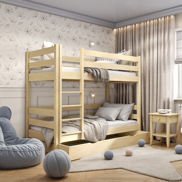 Etagenbett Kiefer farblos mit Schublade – Absturzsicherung und Holzleiter, Nizio