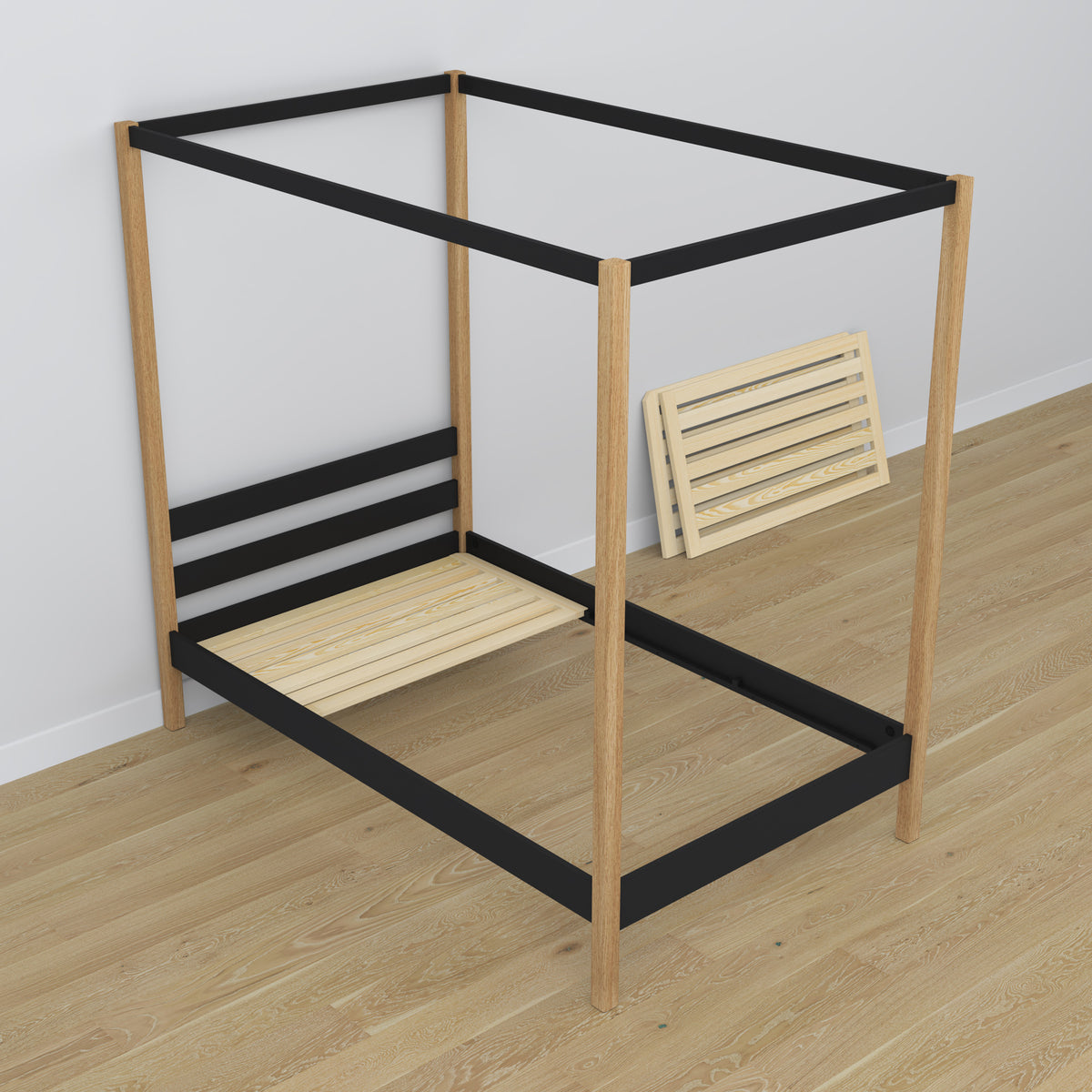Black and Oak Canopy Bed in a Children’s Room – Scandi Arrangement