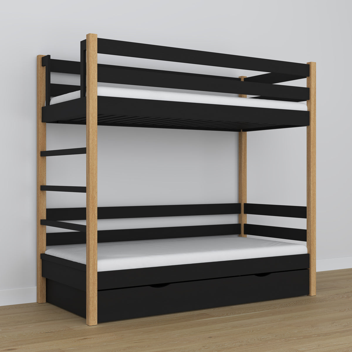Łóżko piętrowe z szufladą czarno-dębowy z drewna – skandynawski design, Nizio