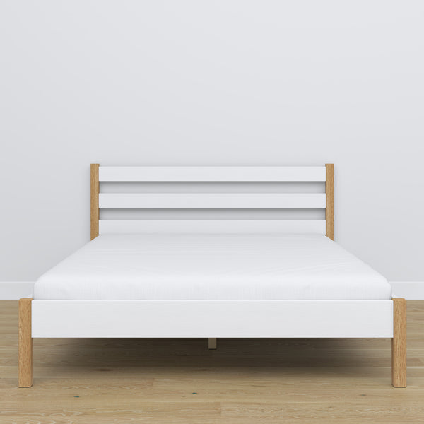 Doppelbett Holz Weiß-Eiche – Seitenansicht, Proportionen und Form, Schlafzimmer