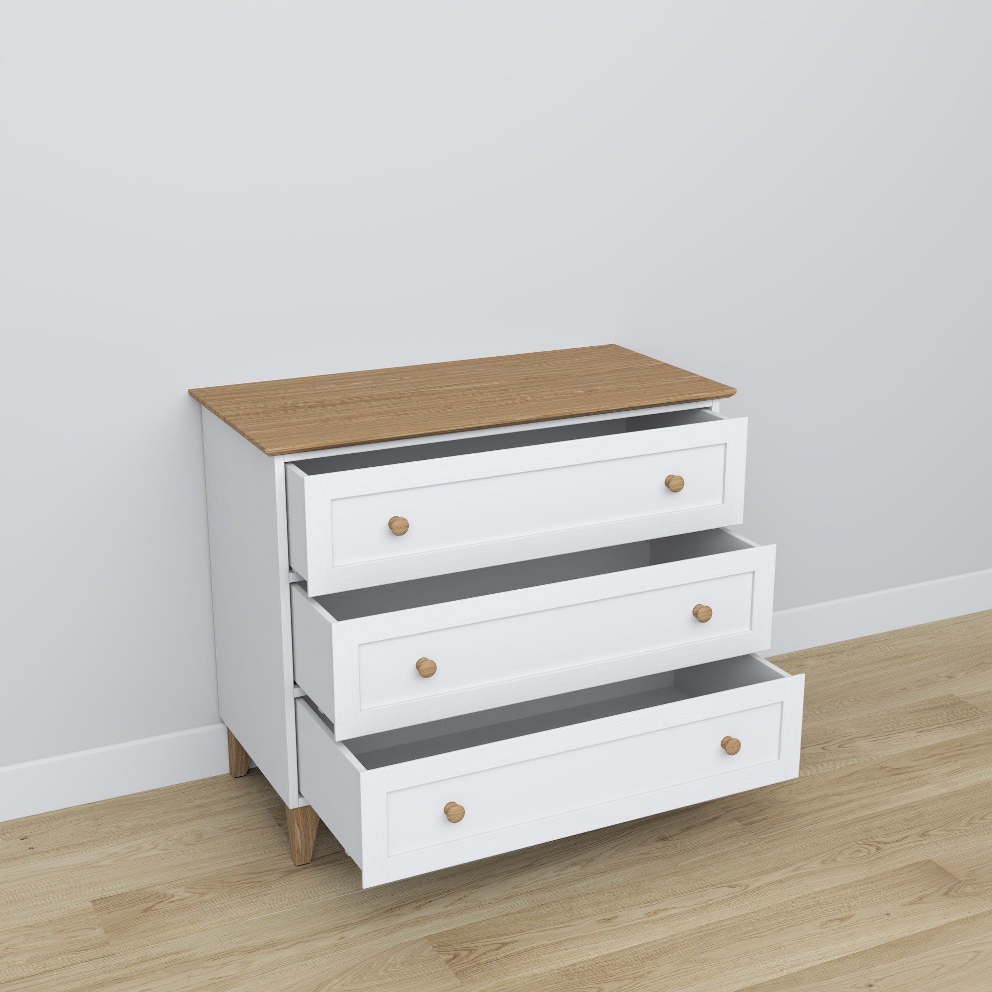 Kommode 3S Holz Weiß mit Eiche – offene Schubladen, geräumiges Staufach-Inneres