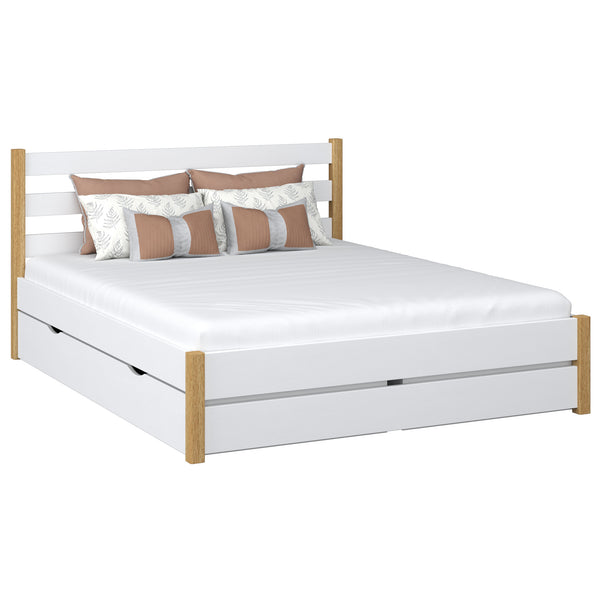 Wooden double bed with drawer N01 white / oak
