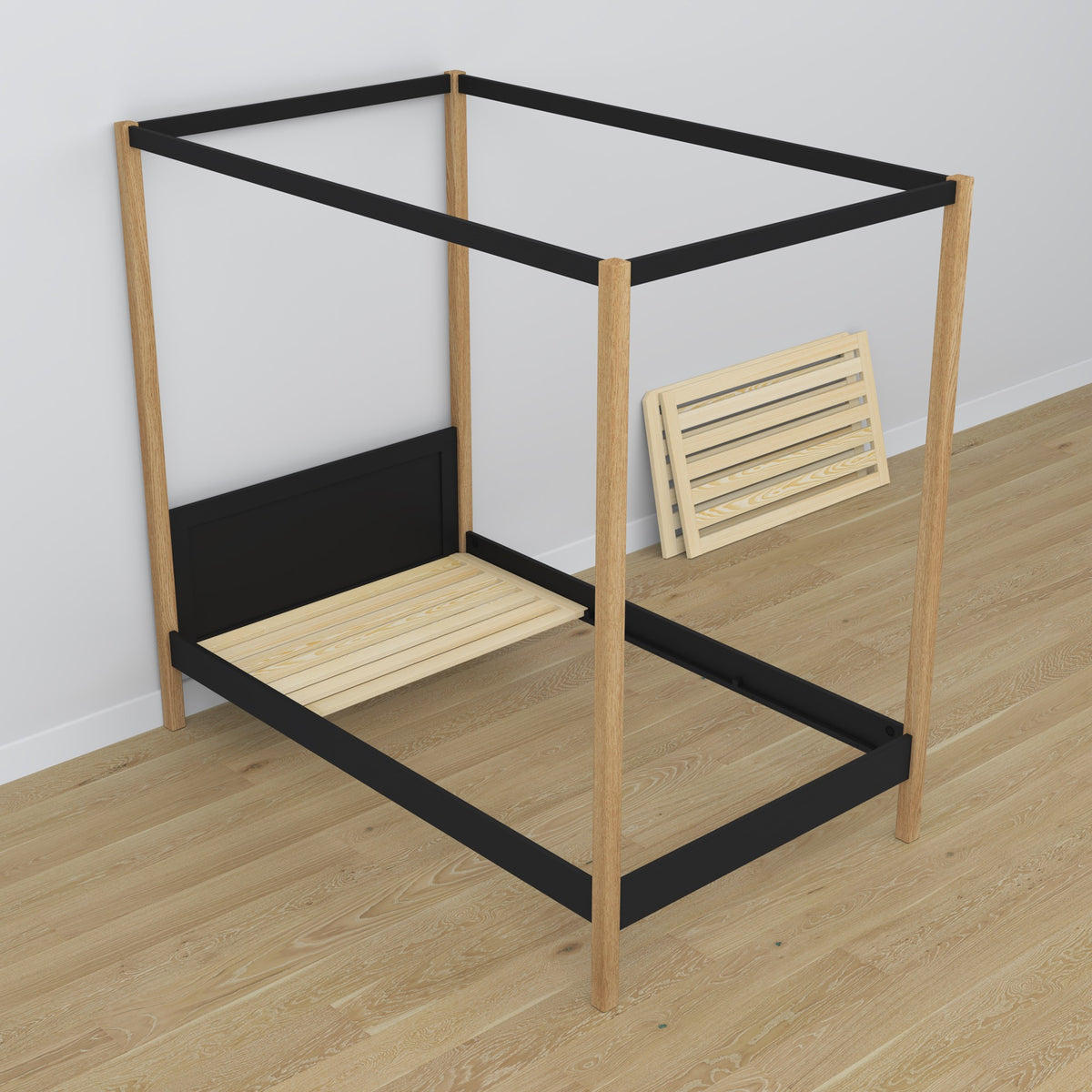 Bett Schwarz-Eiche mit Baldachin – Details aus Holz und Verbindungen, Nizio Home