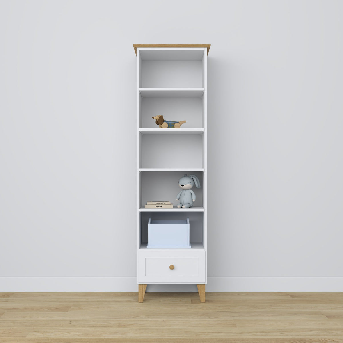 Regal mit Schublade Holz weiß mit Eiche 57 cm – Wohnzimmer und Arbeitszimmer, skandinavischer Stil