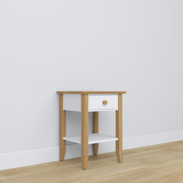Nachttisch N01 weiß mit Eiche aus Holz – Seitenansicht, Nizio Home
