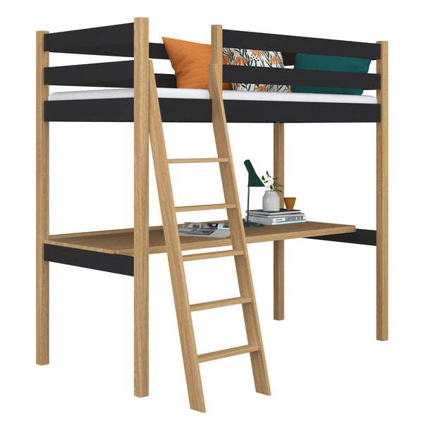 Hochbett mit Schreibtisch aus Holz schwarz-eiche – Kinderzimmer, scandi Nizio