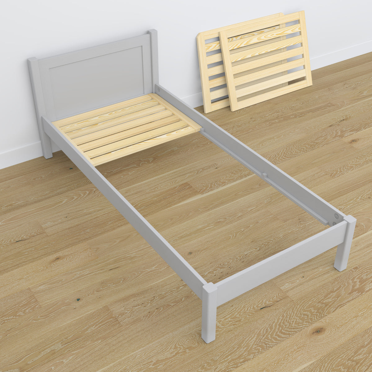 Bett mit Schublade für Matratze Aschgrau aus Holz – Maße, Nizio