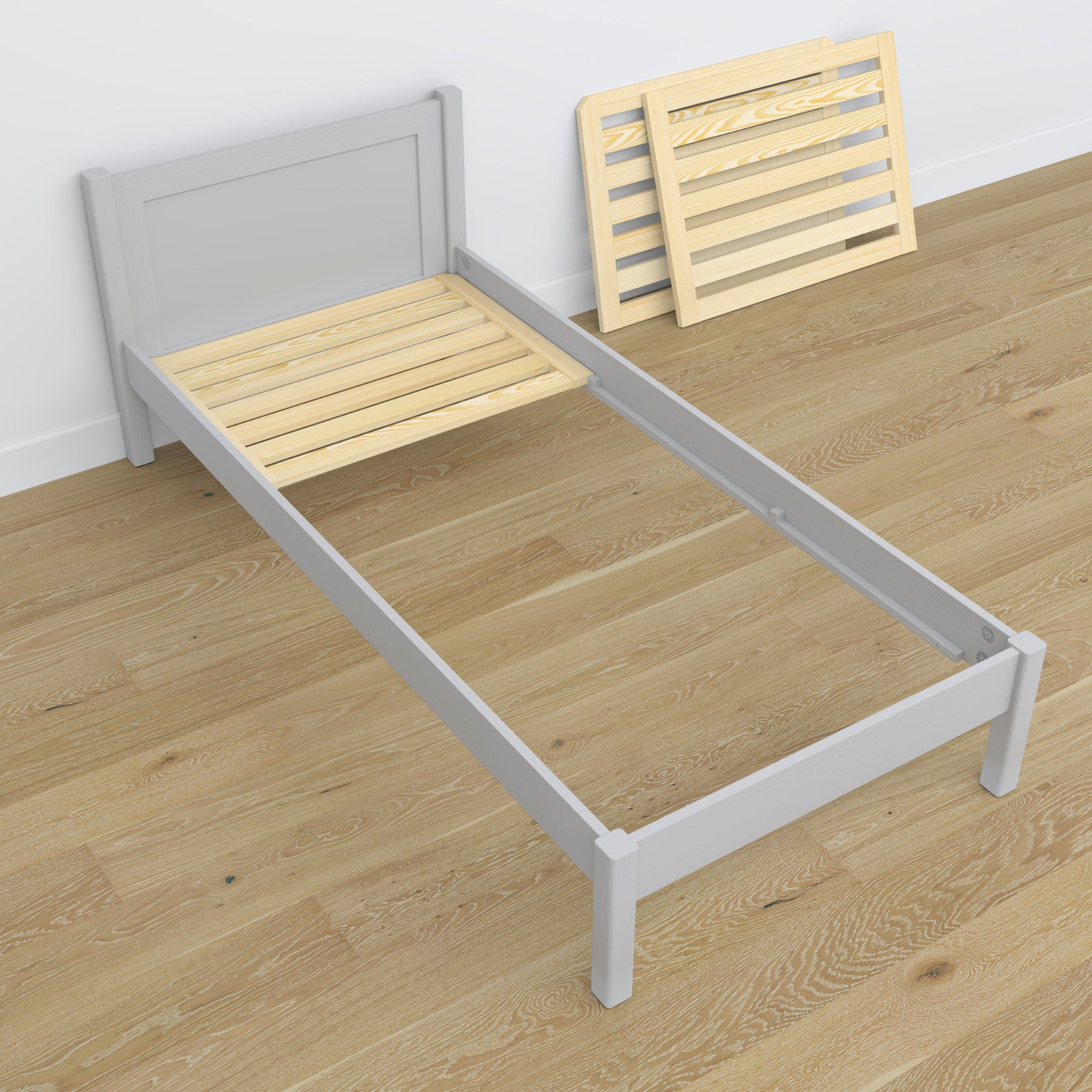 Bett mit Schublade für Matratze Aschgrau aus Holz – Maße, Nizio