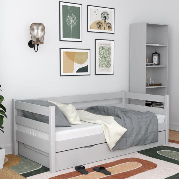 Holz-Schlafsofa mit Matratzenschublade N01 grau